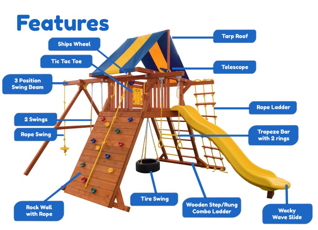 Features diagram 14 Parrot Island Playcenter XL w  BYB Tarp and Yellow Wacky Wave Slide