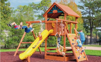 5.8 Bengal Fort Swing Set for Small Backyards with Slide, Picnic Table, Rock Wall